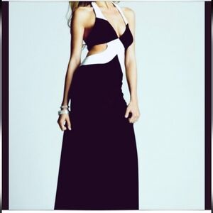 FAVIANA Couture Elegant Black and White Halter Cut-Out Evening Gown, Size XS